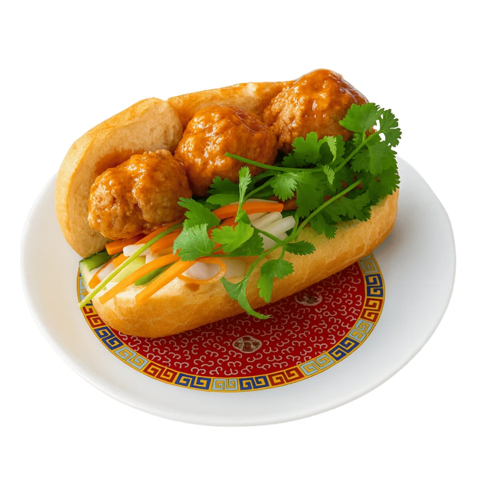 A Vietnamese banh mi sandwich with meatballs, cilantro, and pickled vegetables on a decorative plate.
