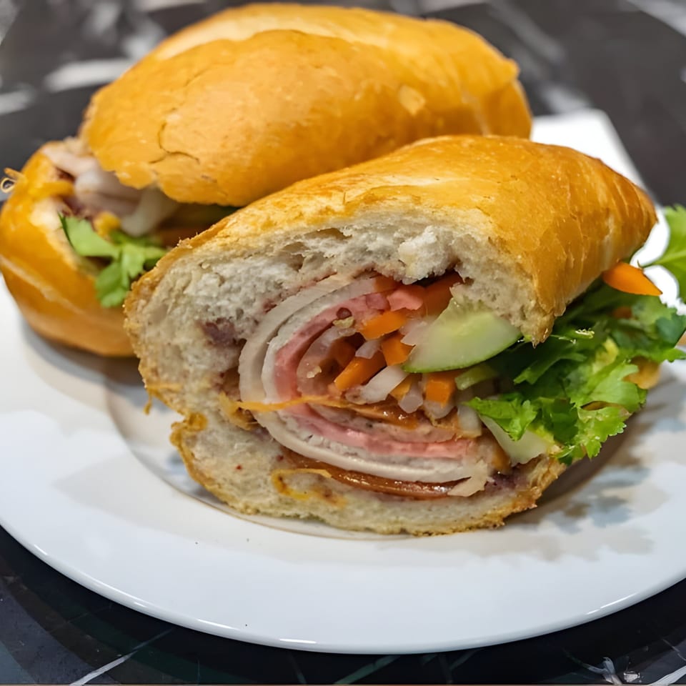 Two Vietnamese banh mi sandwiches, one cut open to show meat, pickled vegetables, and cilantro.