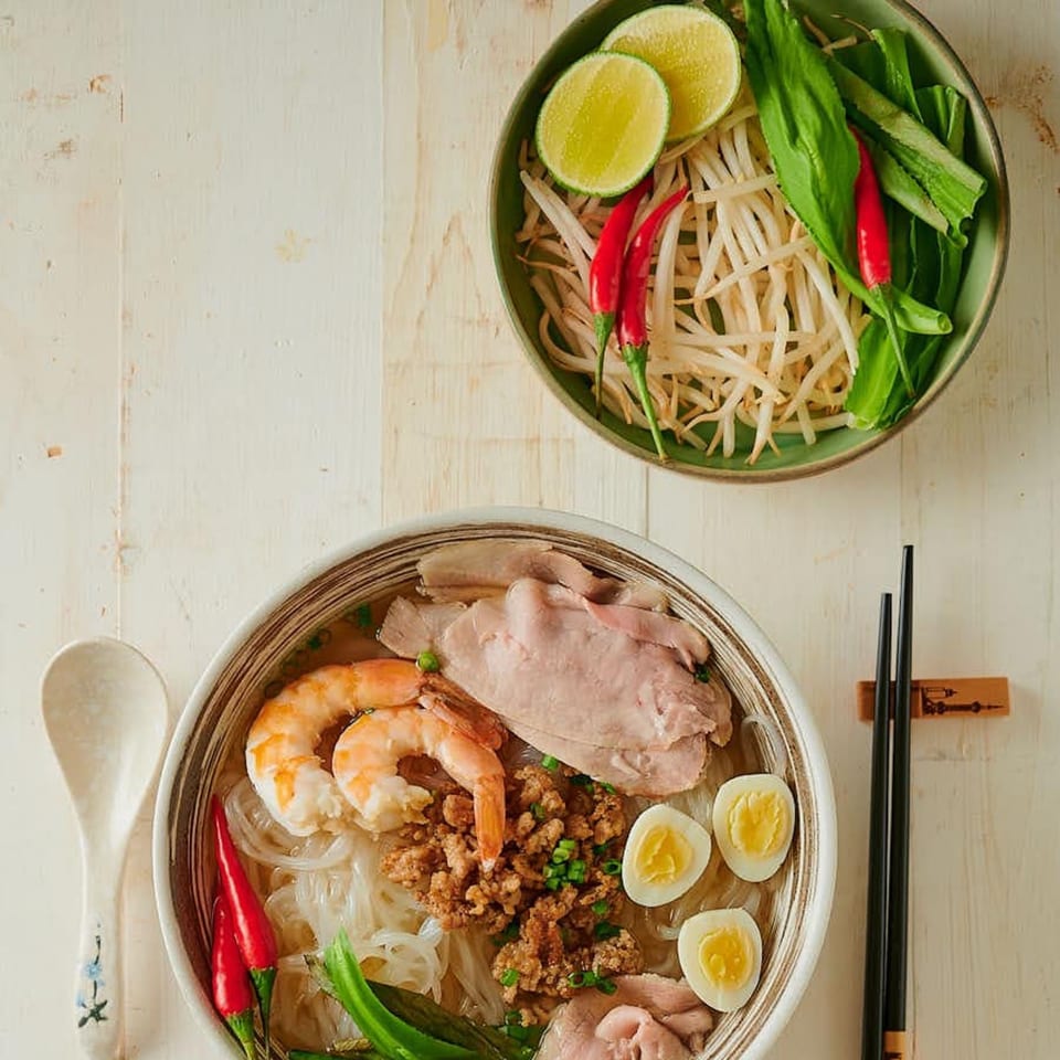 Pho Bun Me's Vietnamese noodle soup with shrimp, pork, eggs, and a side of fresh vegetables.