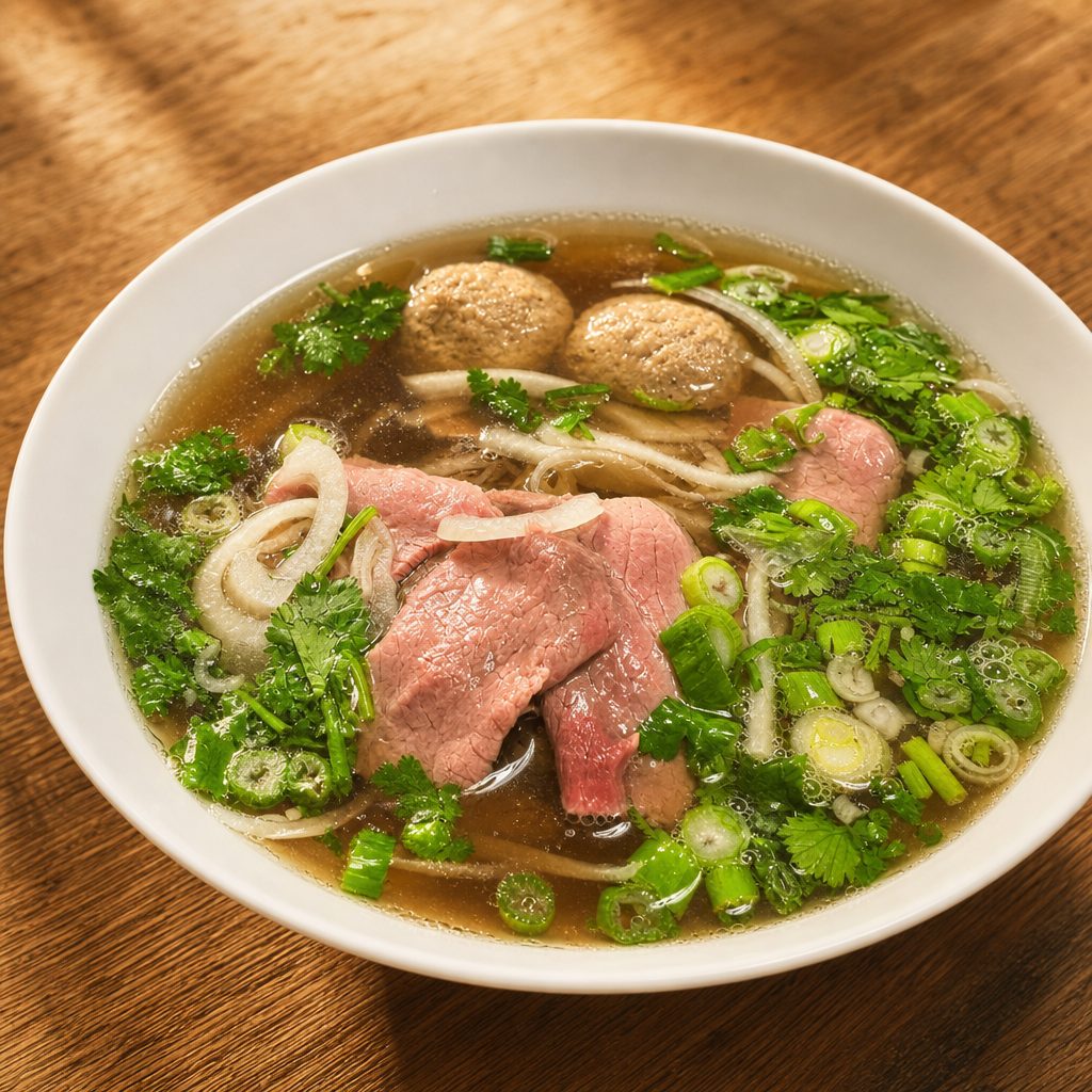 P2. Pho Eye of Round Steak and Meatballs – Phở Tái, Bò Viên.